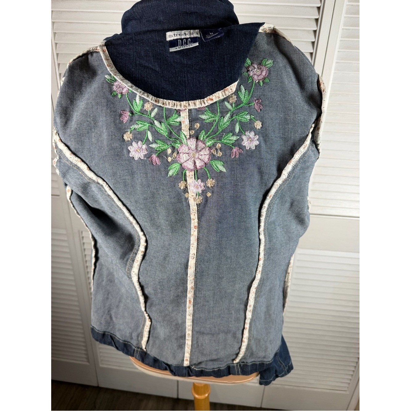 DCC Stretch Denim Blazer Jacket Floral Embroidered Blue Jean Medium M