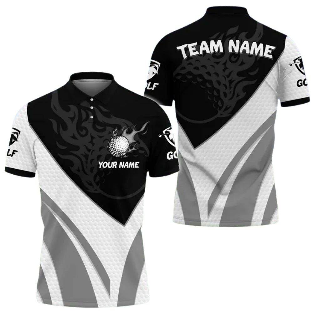 Custom Flame Golf Ball Men’s Black White AOP Shirt Polo Shirt Fullsize S-5XL