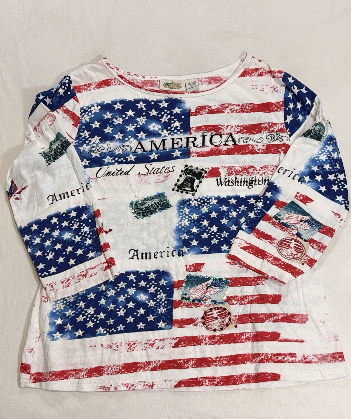 Collections Etc American Flag Knit T-Shirt White Red Blue Rhinestone Raglan – M