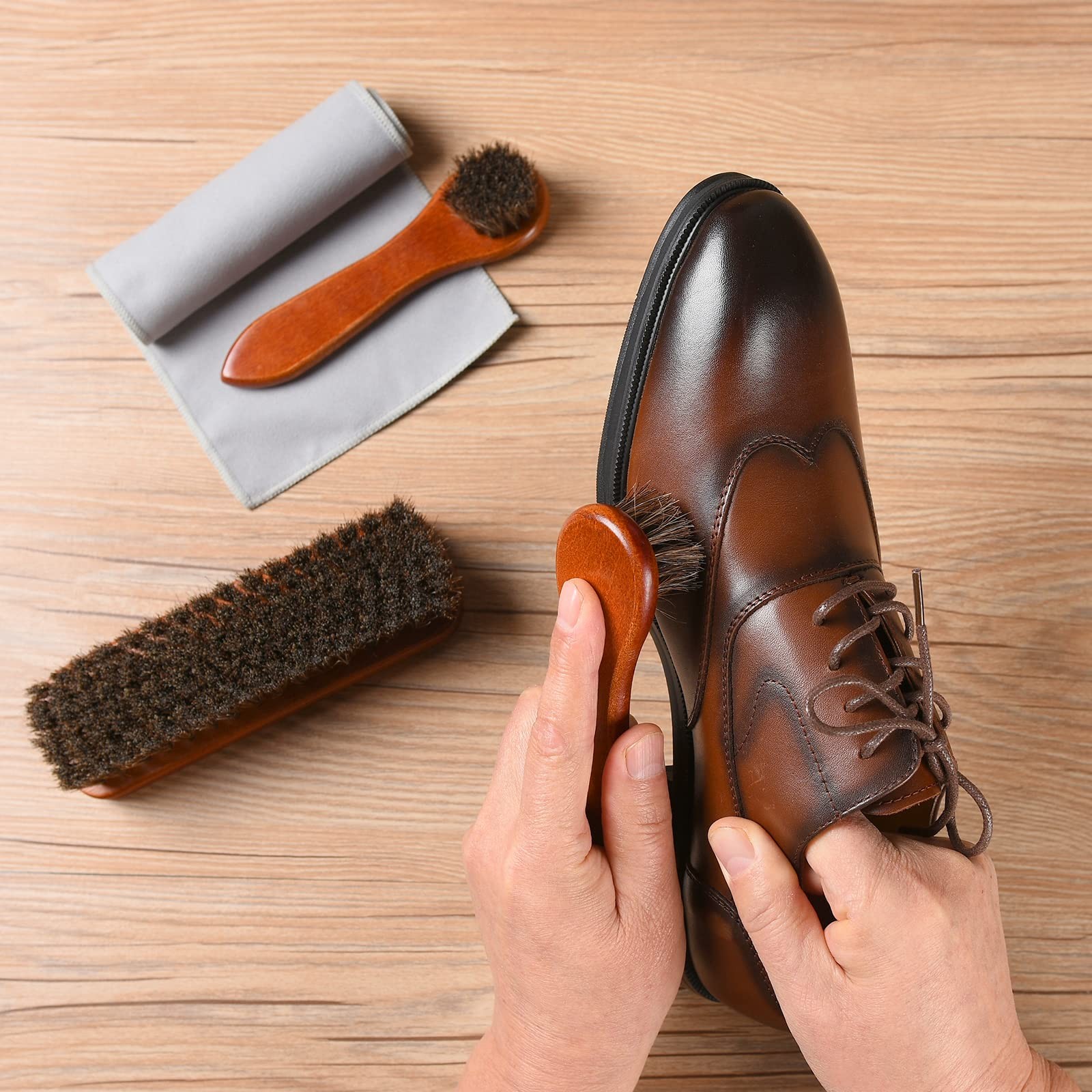 Unekez 4-Piece Horsehair Shoe Brush Shine Kit, Shoe Polish Kit, Leather Shoes Bo