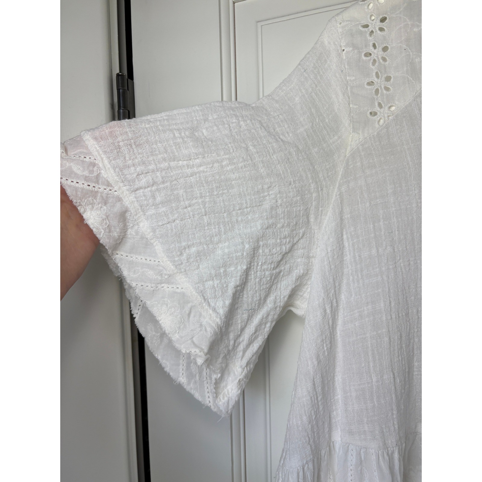 Easel Babydoll Top Large White Eyelet Embroidered Tiered Cotton Gauze Boho
