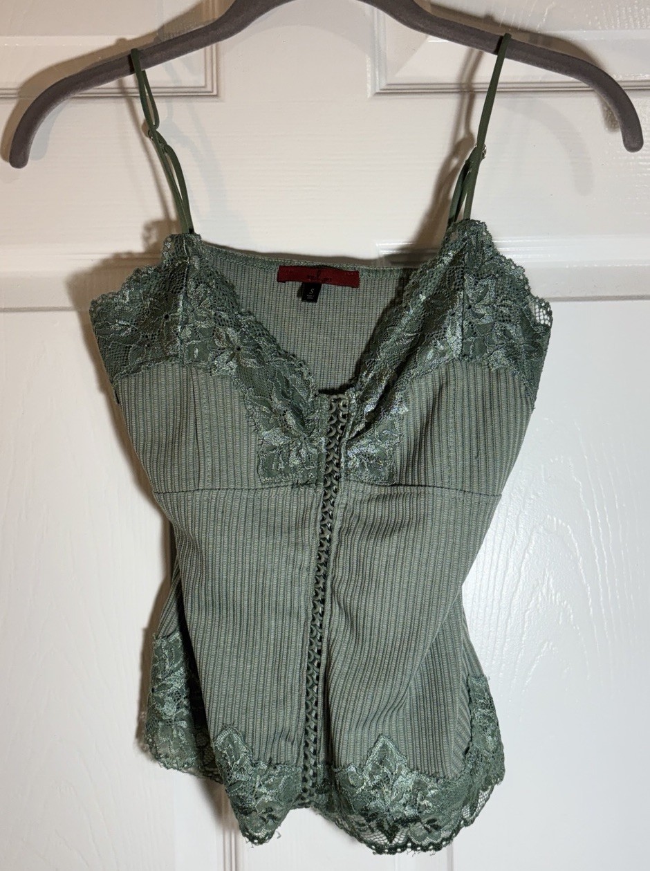 Red by Bke Metallic Olive Green Cami Size S Lace Trim y2k