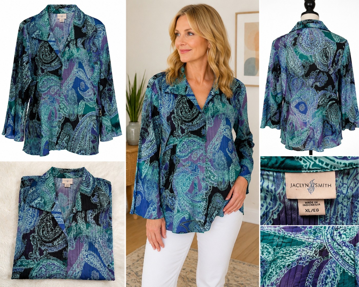 Jaclyn Smith Women’s XL Blue Teal Paisley Collared 3/4 Bell Sleeve Blouse