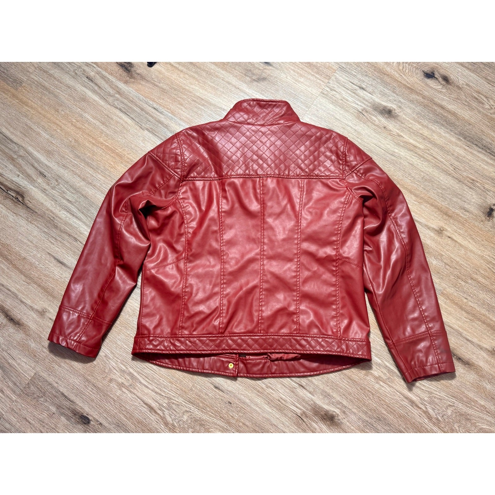Fresh New York Red Faux Leather Moto Jacket Womens XL Quilted Biker Gold Zip