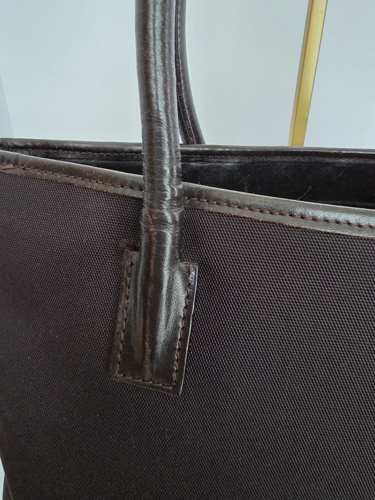 GUCCI Brown Nylon Leather Trim Tote Bag Logo Vintage 0457