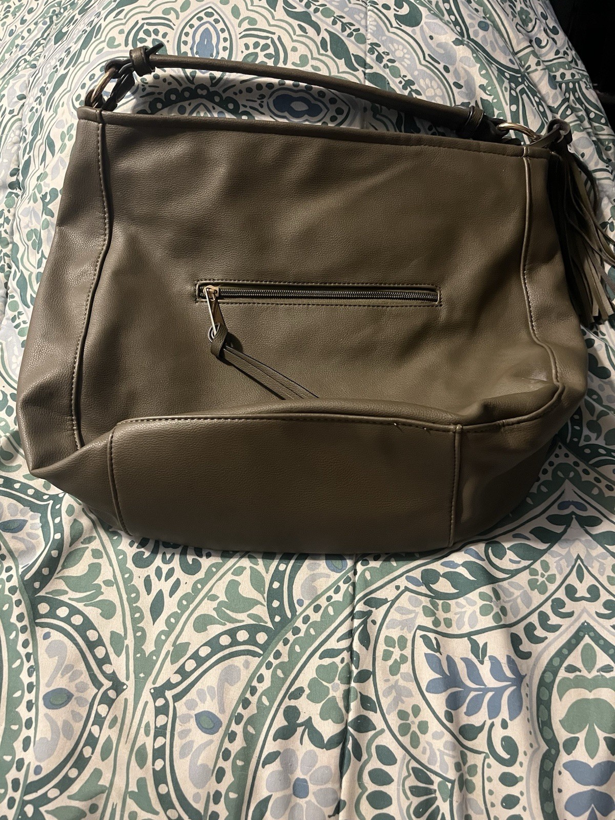 Women’s olive Large Hobo Shoulder Bag, Zip Tassel, Leopard Lined Pouch, Pockets
