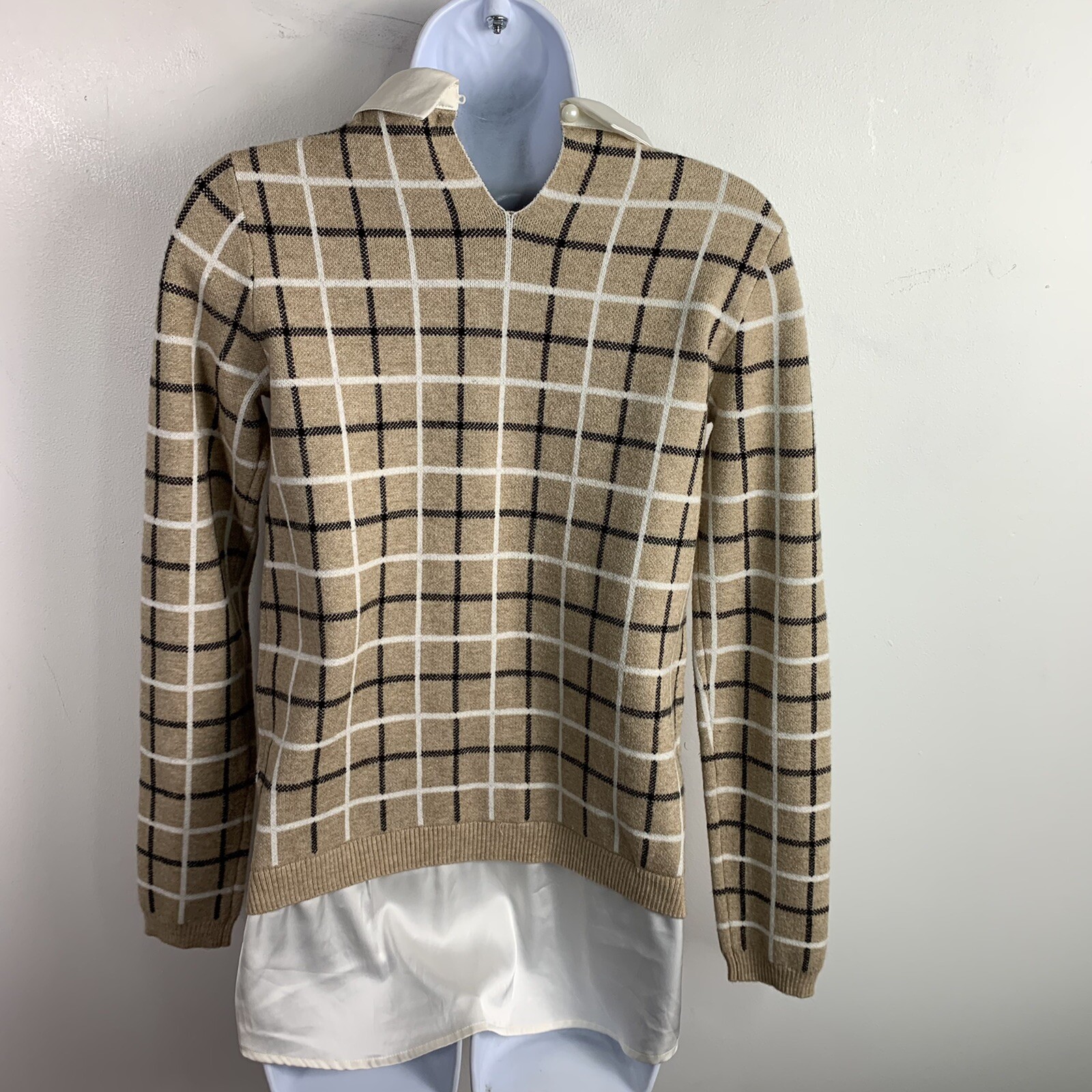 Tahari Sweater sz XS Beige White Plaid Old Money Ivy League Heritage Classic