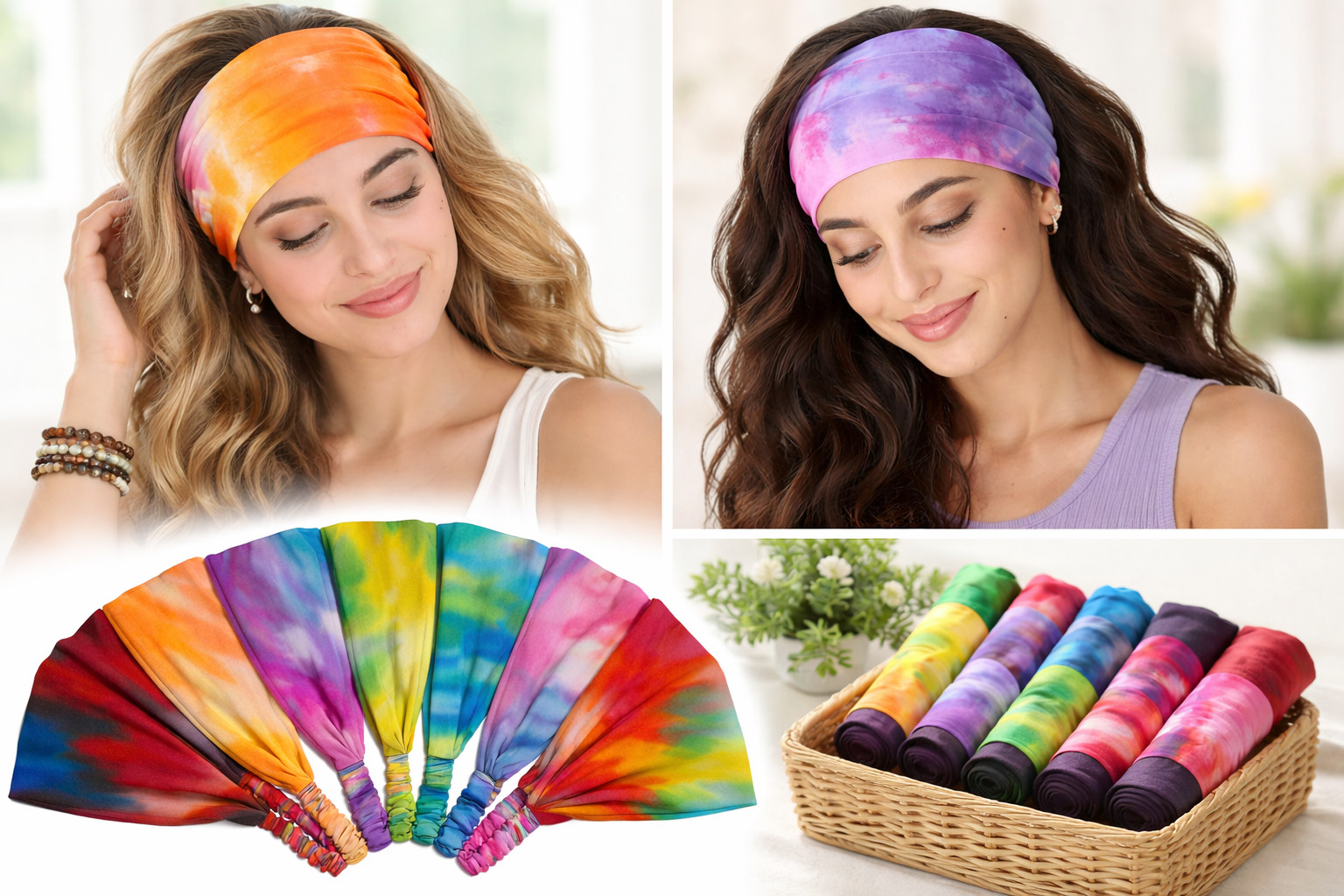 4pcs Tie Dye Headwrap Boho Wide Stretch Women Headband Turban Headwear Biker Lot