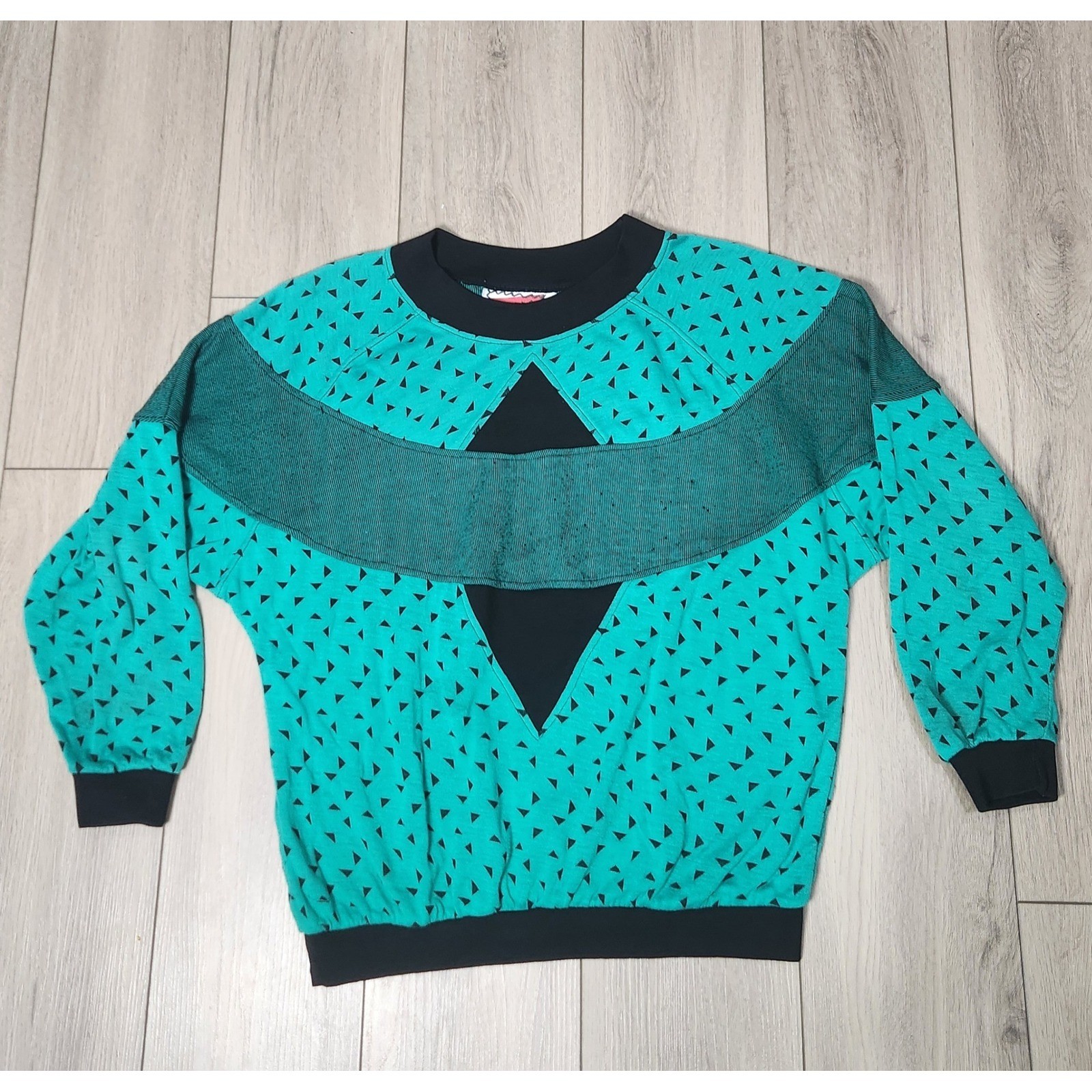 Vintage 80s 90s Gitano Womens Geometric Teal Sweatshirt Retro Top Size M