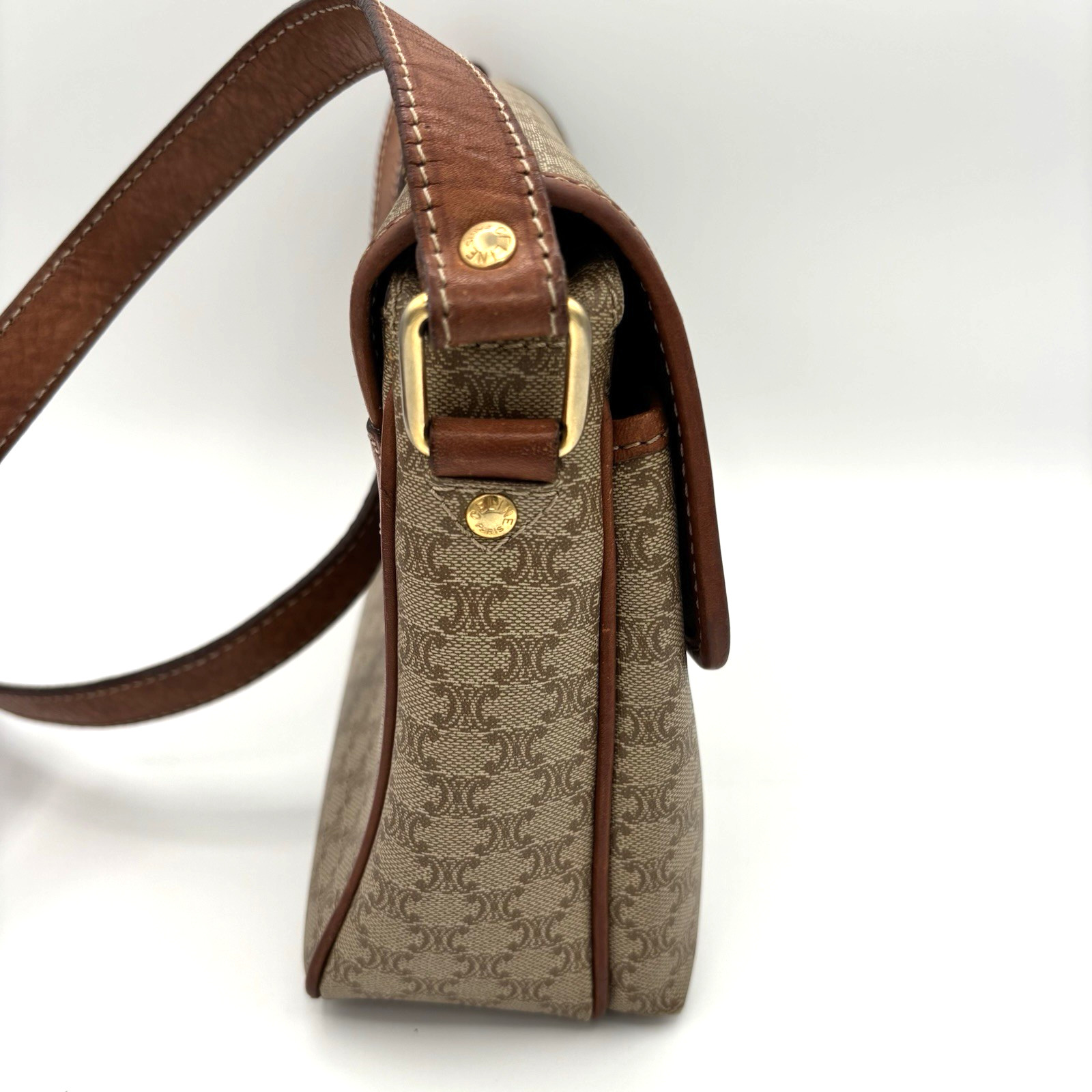 CELINE Macadam Canvas Shoulder Bag PVC Beige Gold Authentic 0046