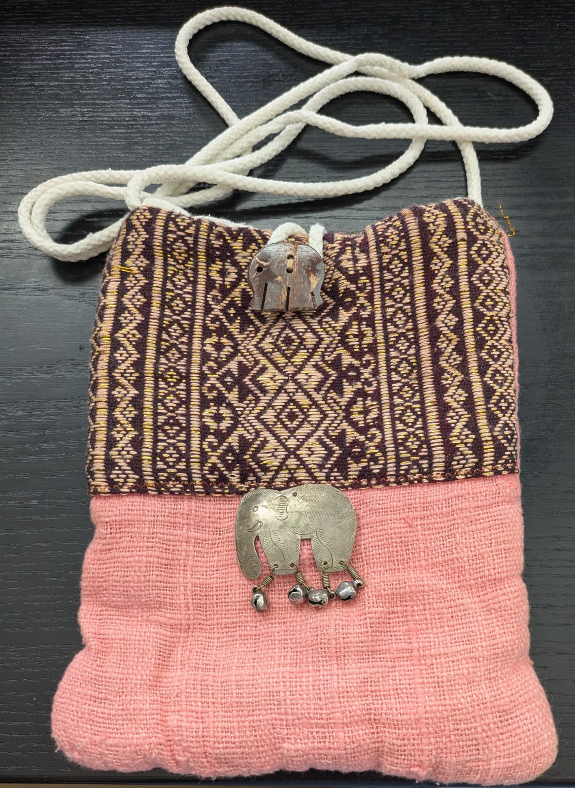 Handmade Patchwork Should Bag/Purse Metal Wooden Elelphants 7″ x 5.5″ Mint