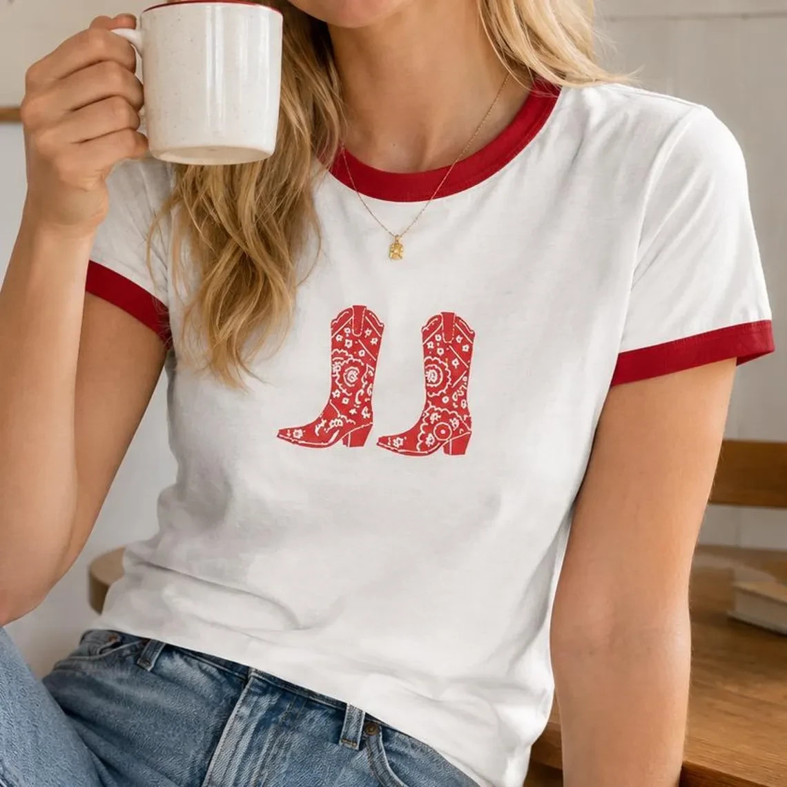 Red Paisley Cowboy Boots Ringer Tee Western Cowgirl Graphic Shirt