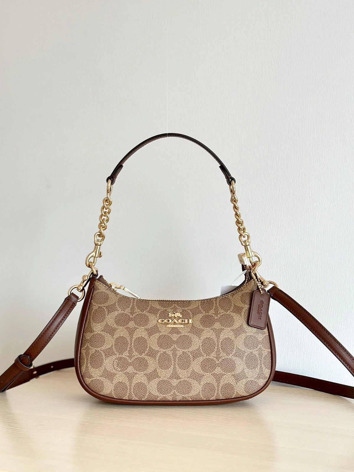 COACH Teri Shoulder Bag In Signature Canvas Gold/Tan/Brown New