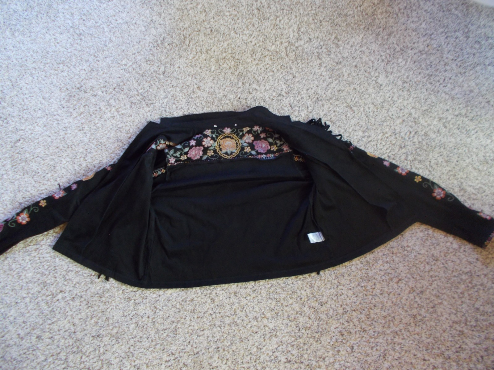 Savanna Jane Faux Suede Black Embroidered Jacket Fringe Flowers sz S M