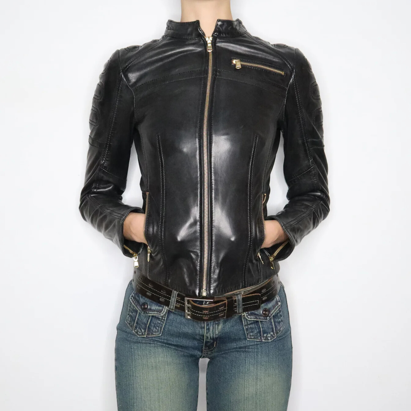 Sexy Leather Moto Jacket Real Lambksin Leather Quilted Motorcycle Cropped Jacket