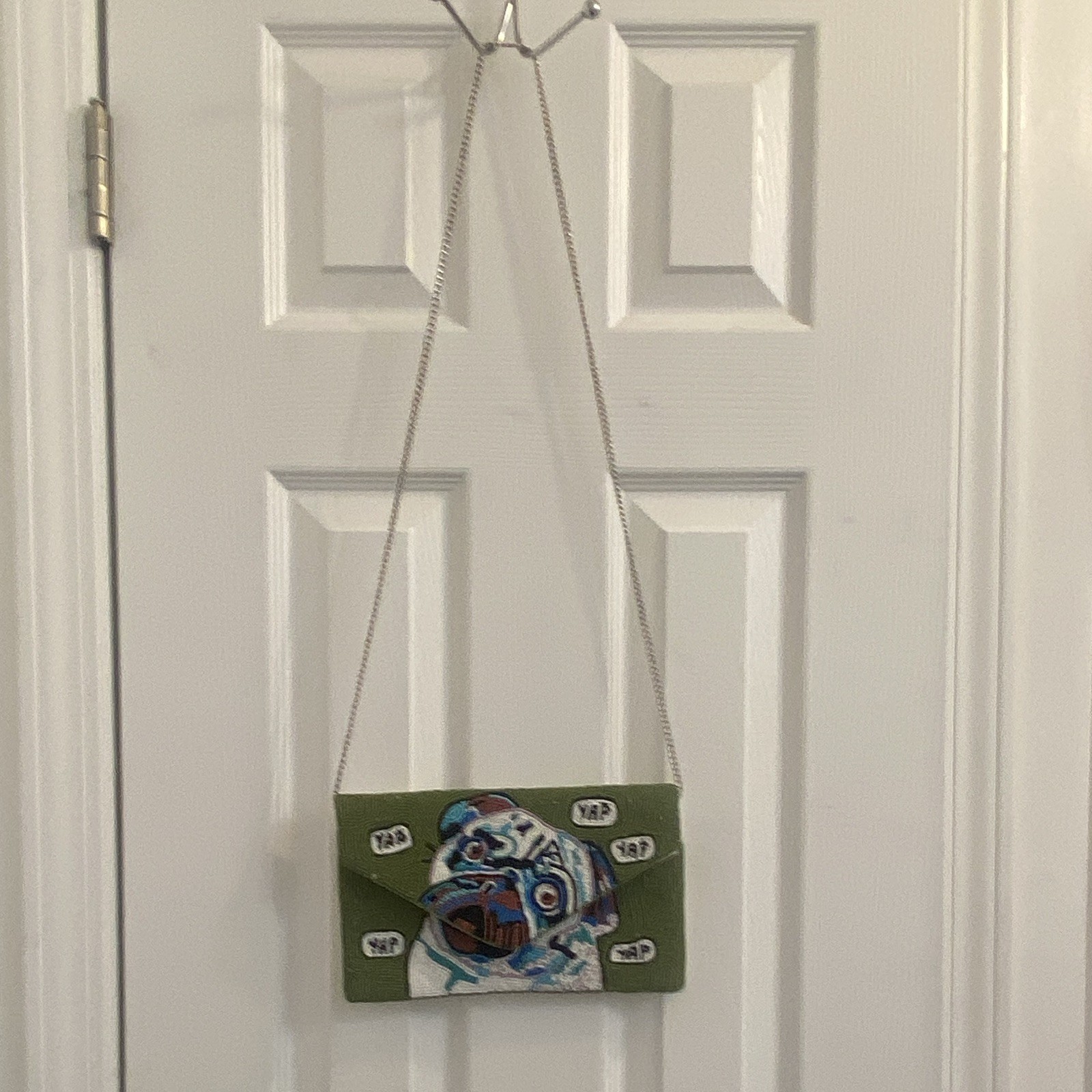 Beaded Embroidered Pug Dog “YAP” Shoulder Bag Green/White Silver Chain Strap
