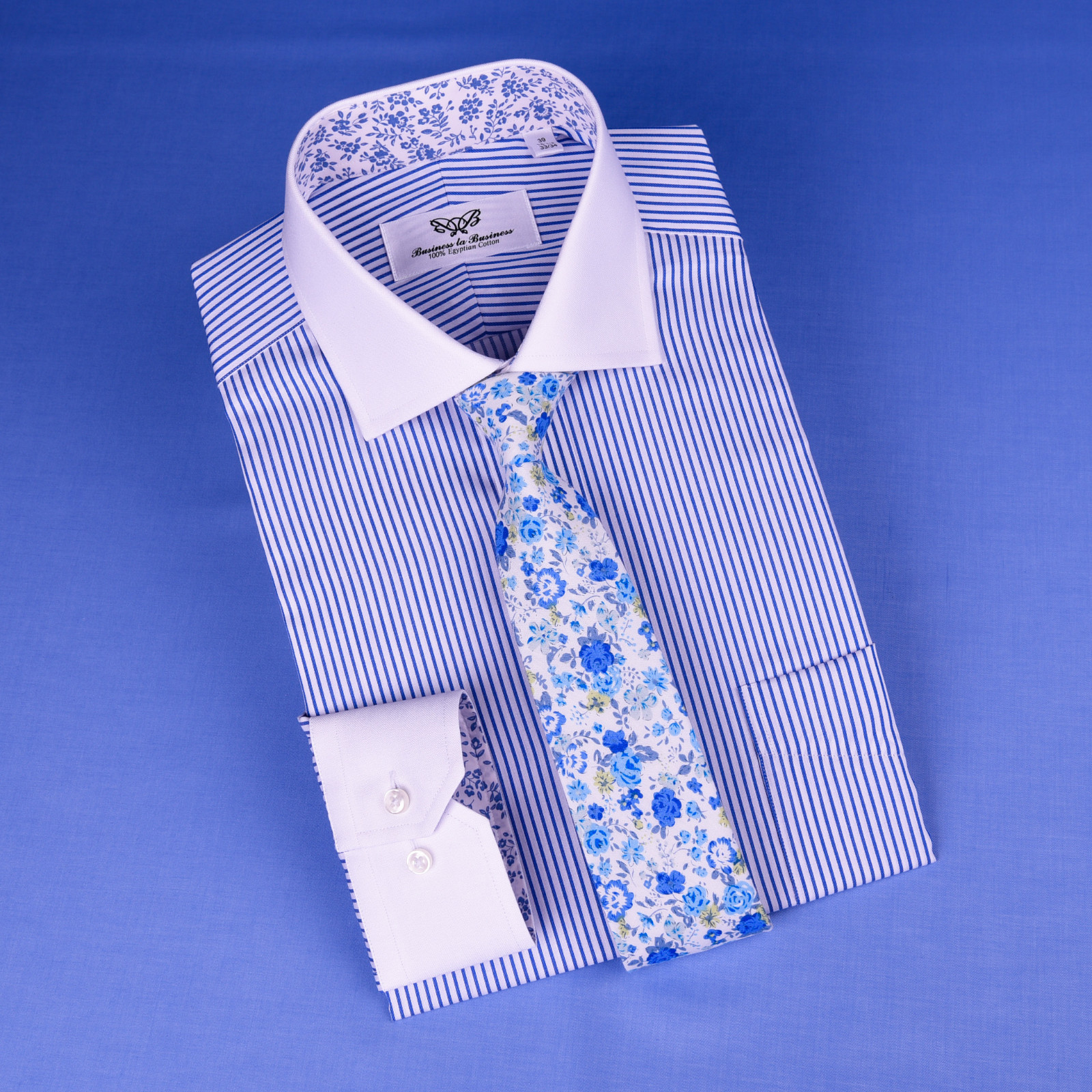 Bright Blue Striped Winchest Contrast Dress Shirt Standard Single Cuff Smart