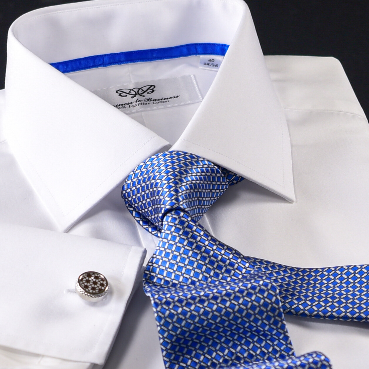 White Poplin 2-Ply 80’s Professional Formal Event Dress Shirt With Blue Trim Top