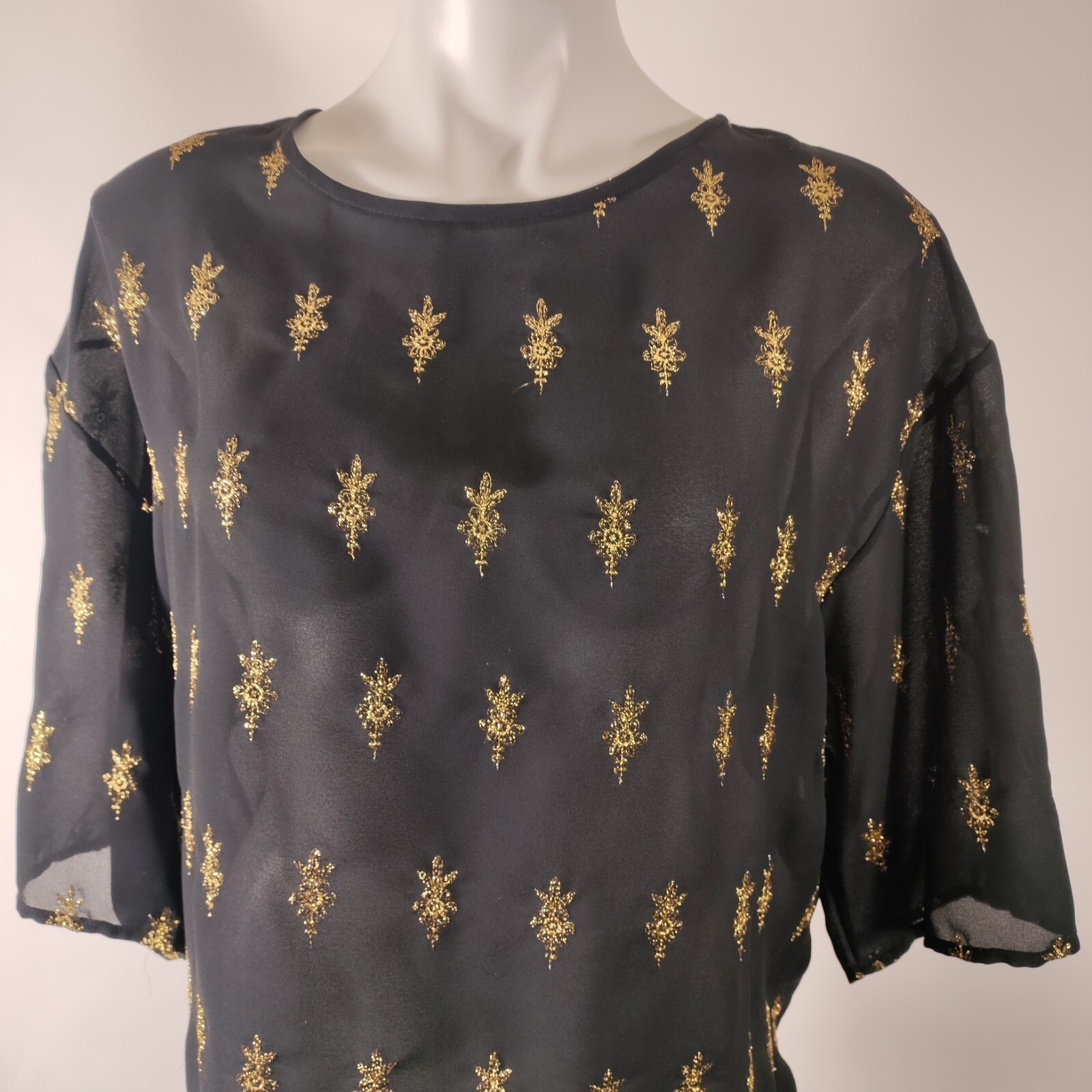 ABS Allen Schwartz Collection Black Blouse Top Gold Embellishments Sz M – Stains