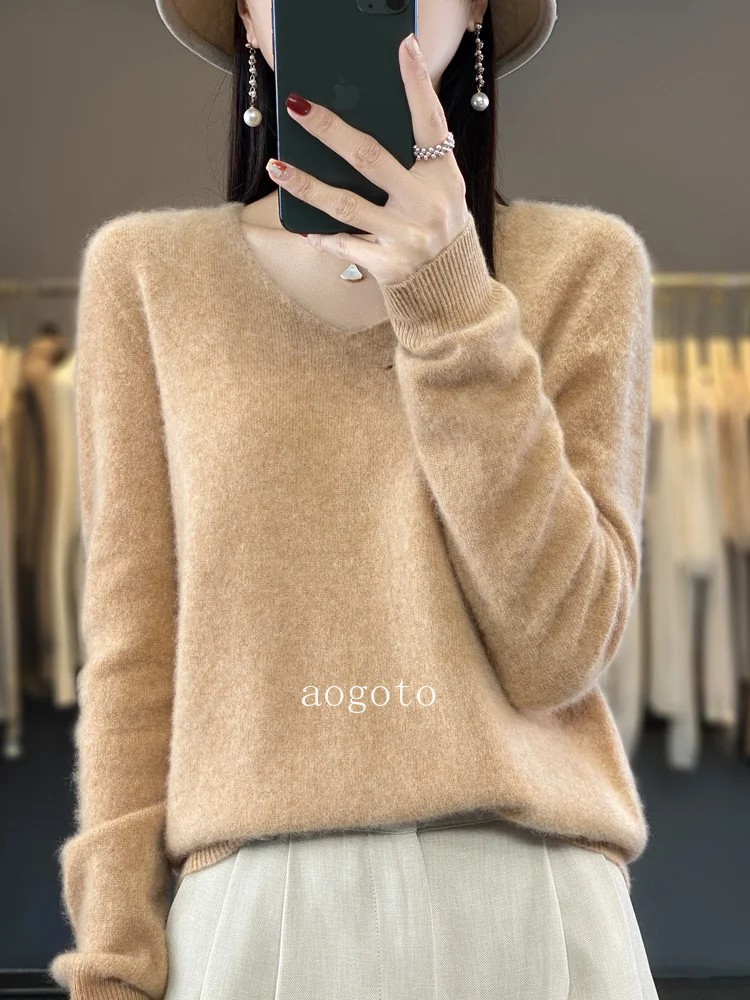 Women’s V-neck Pullover Sweater Knitwear Soft Warm Cashmere Loose Grace Style
