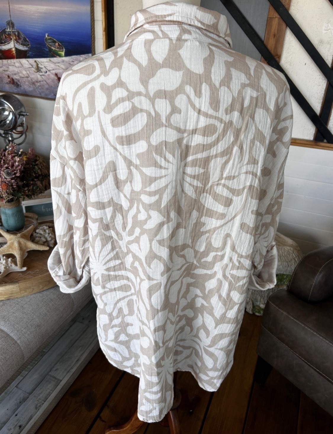Lou & Grey Beige White Abstract gauze Print Button Front Shirt Large 100% Cotton