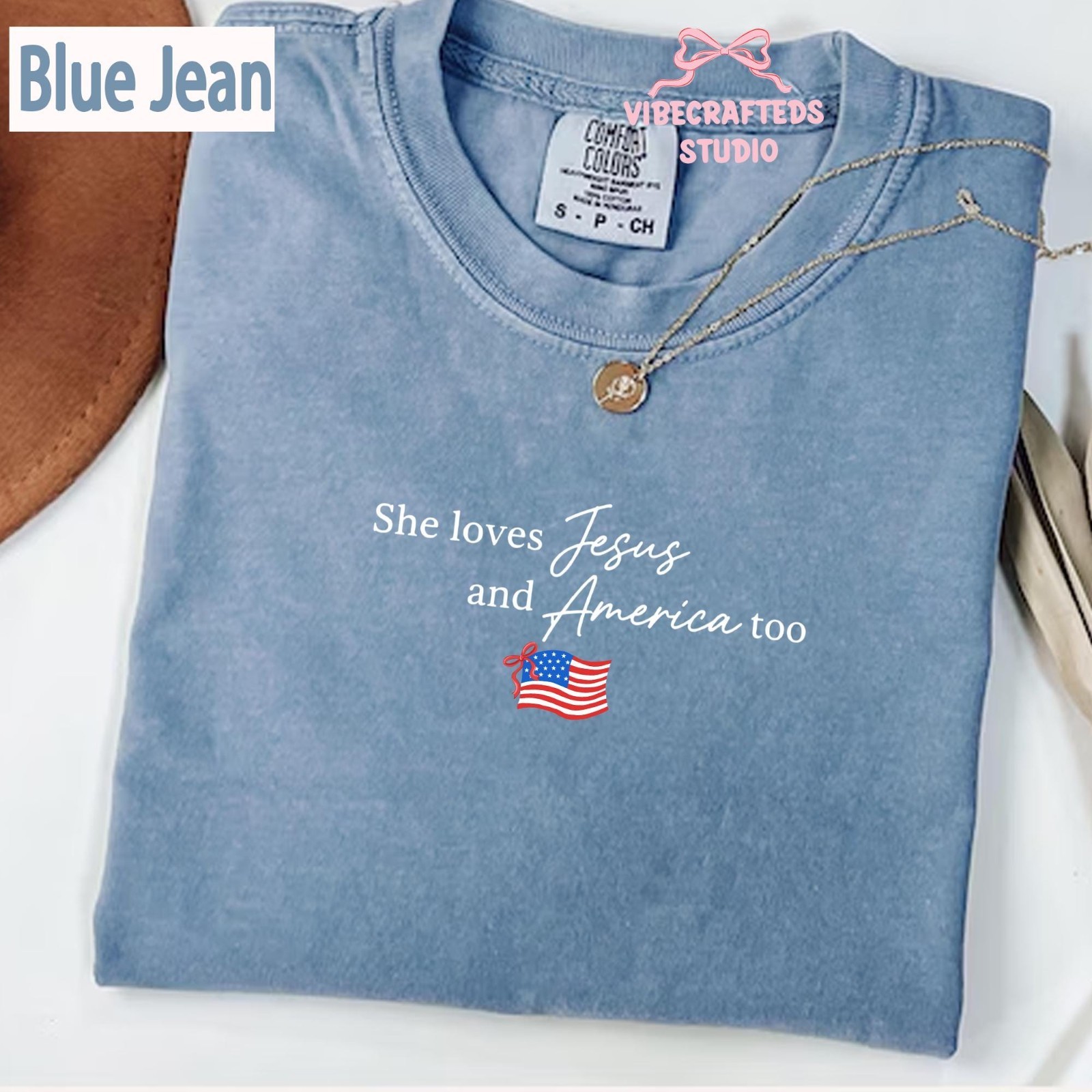 She Loves Jesus and America Too T-Shirt Patriotic Christian Flag Tee