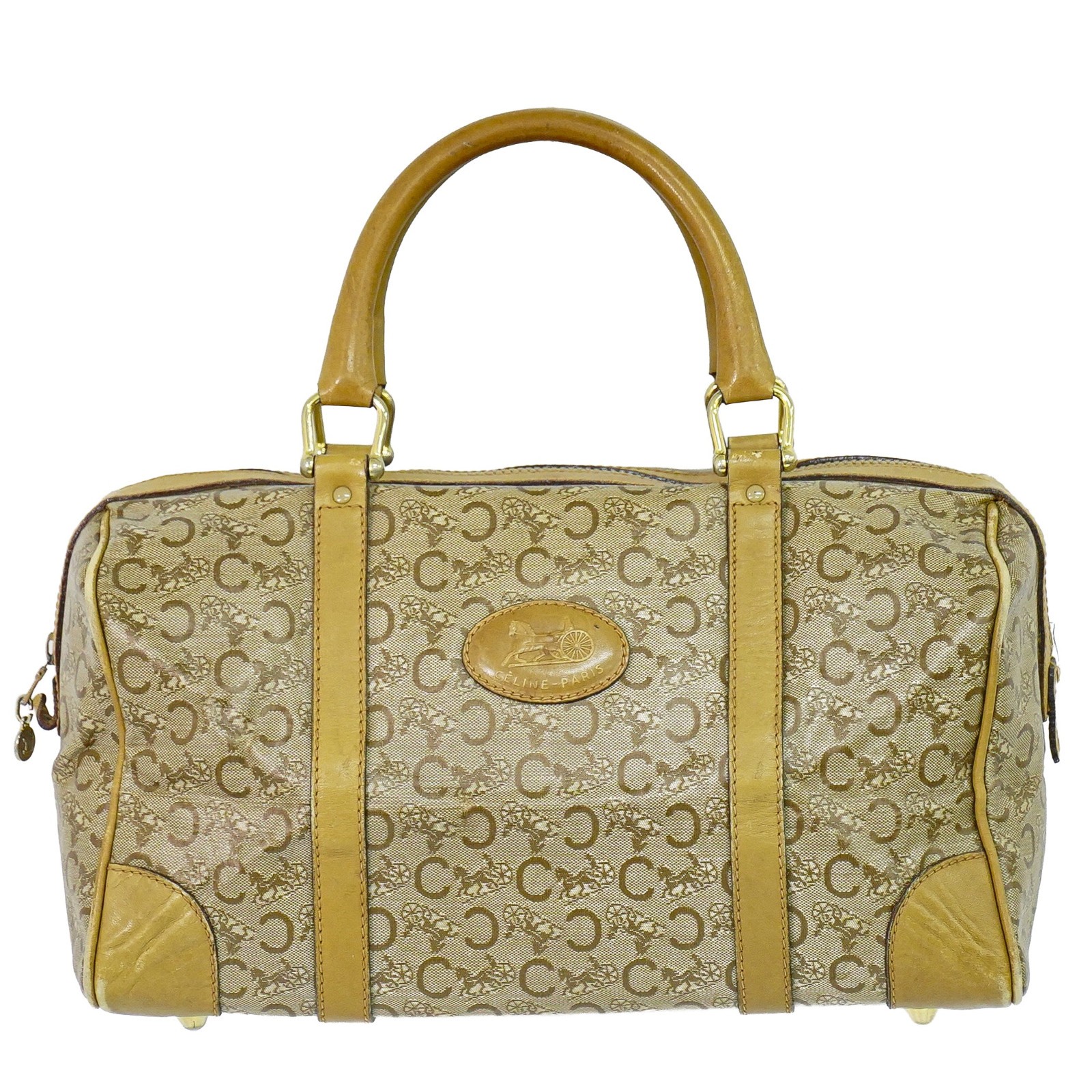 CELINE C Macadam PVC Boston Handbag Beige Gold