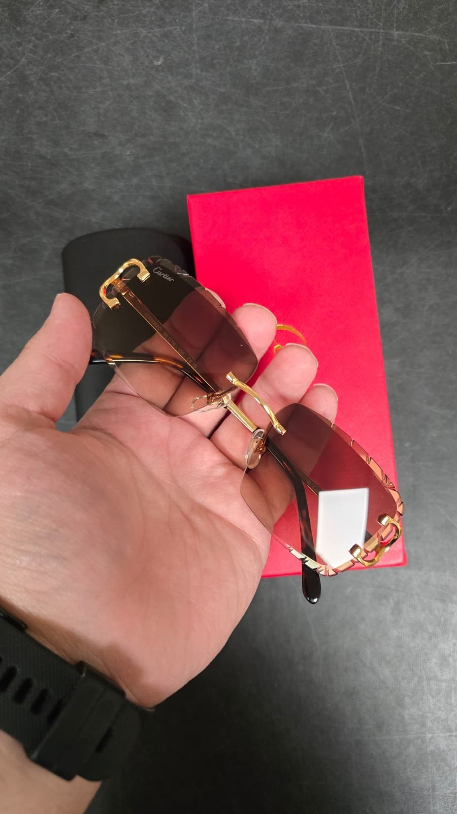 Cartier C Wire Diamond cut Gradient Brown Men’s Sunglasses Golden frame
