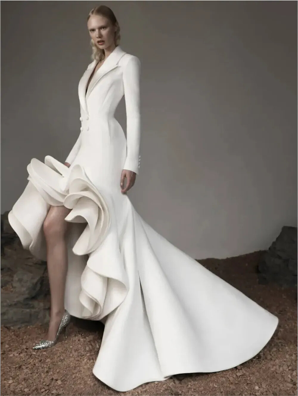 Women Suit Evening Dresses Double Breasted Deigner Tiered Satin Prom Gown