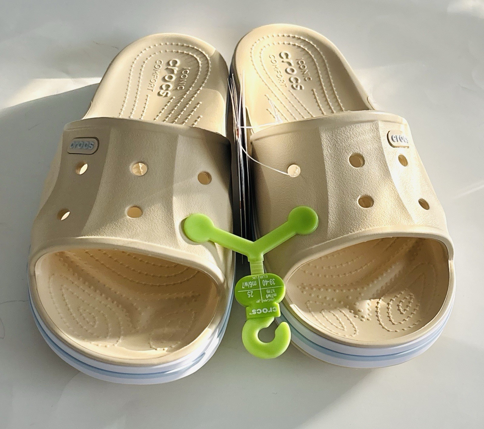 Crocs Unisex Bayaband Slide Comfort shoes Men 7, Women 9 , Beige White