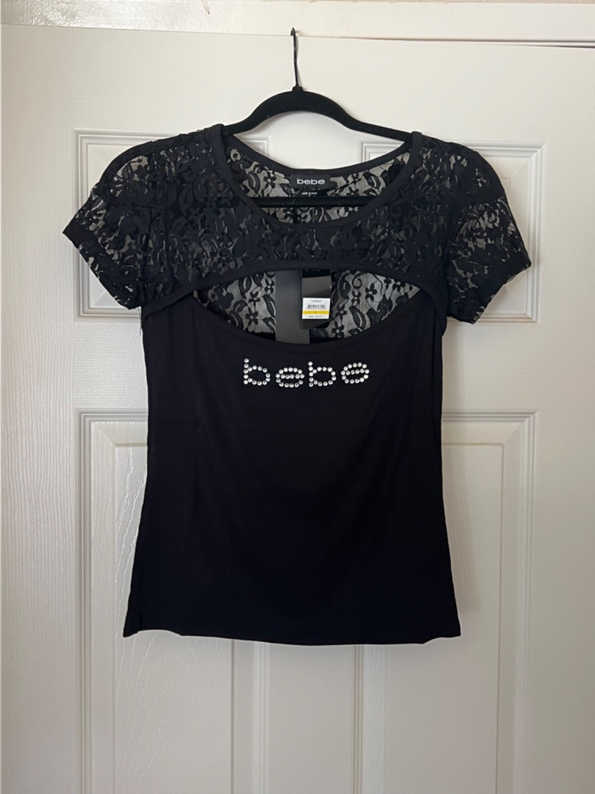 Authentic Bebe Women’s Black Rhinestone Sheer Floral Lace Blouse Shirt