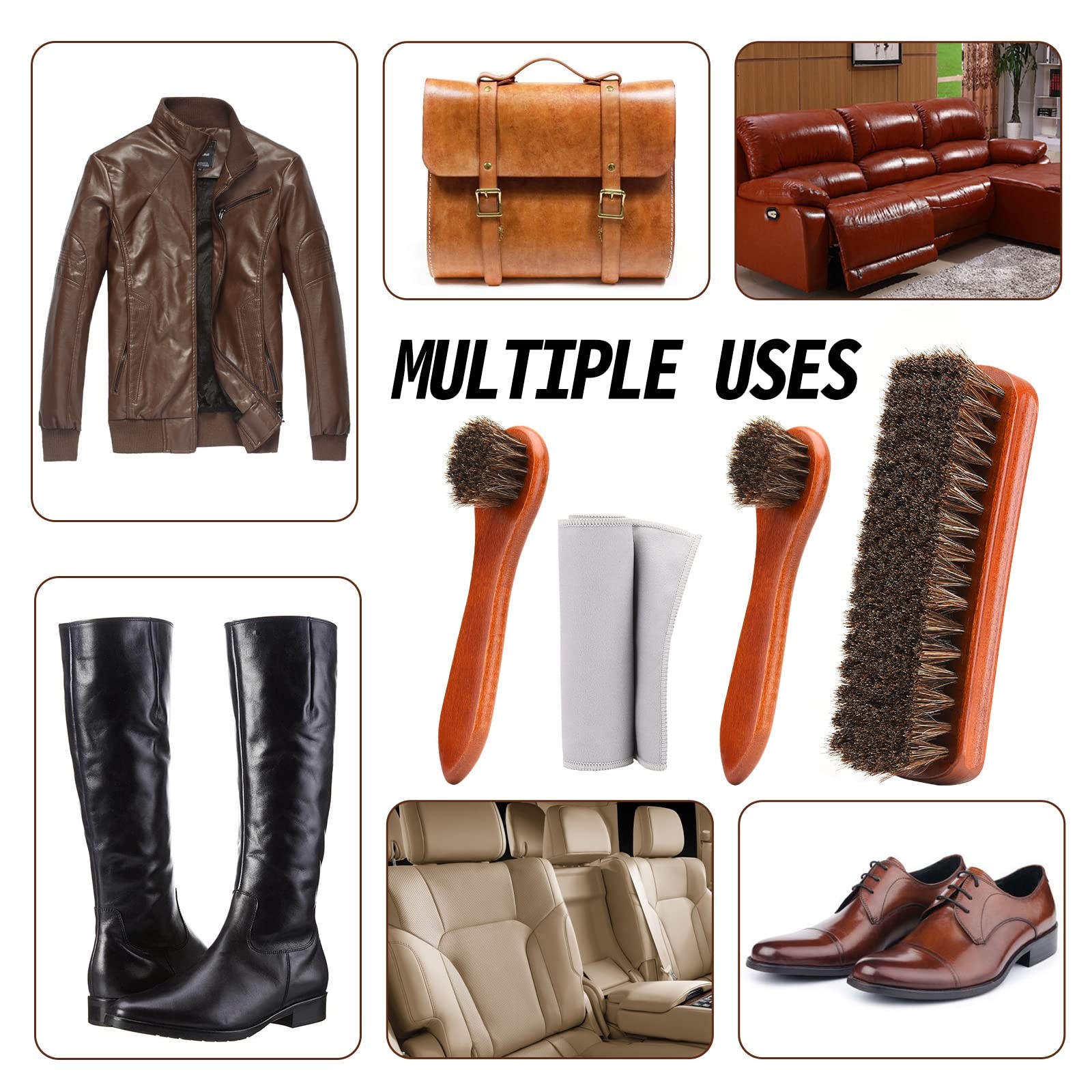 Unekez 4-Piece Horsehair Shoe Brush Shine Kit, Shoe Polish Kit, Leather Shoes Bo