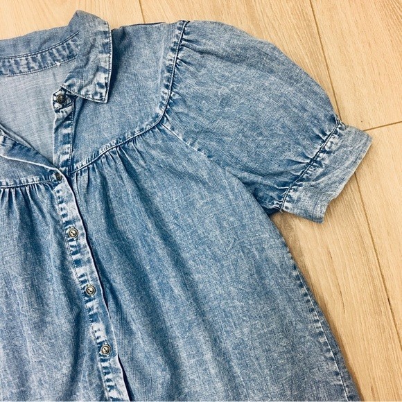 stonewashed denim Button-Down Shirt gathered cinched beach preppy blouse top