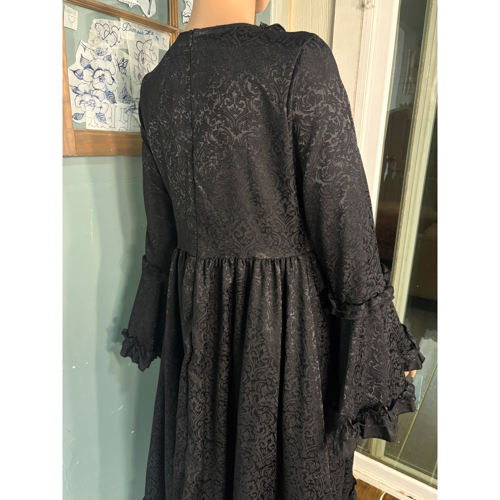 Victorian Black Damask Jacquard High Low Ruffle Bell Sleeve Dress Bows