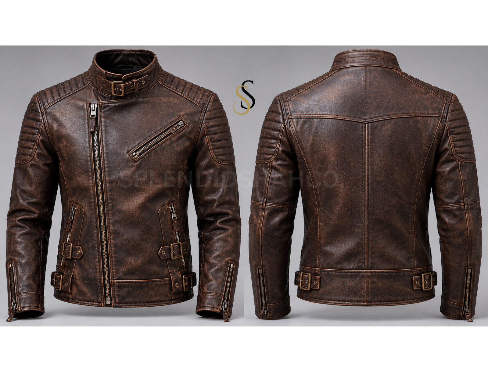 Mens Genuine Cowhide Leather Jacket Brown Biker Motorcycle YKK Zip Coat