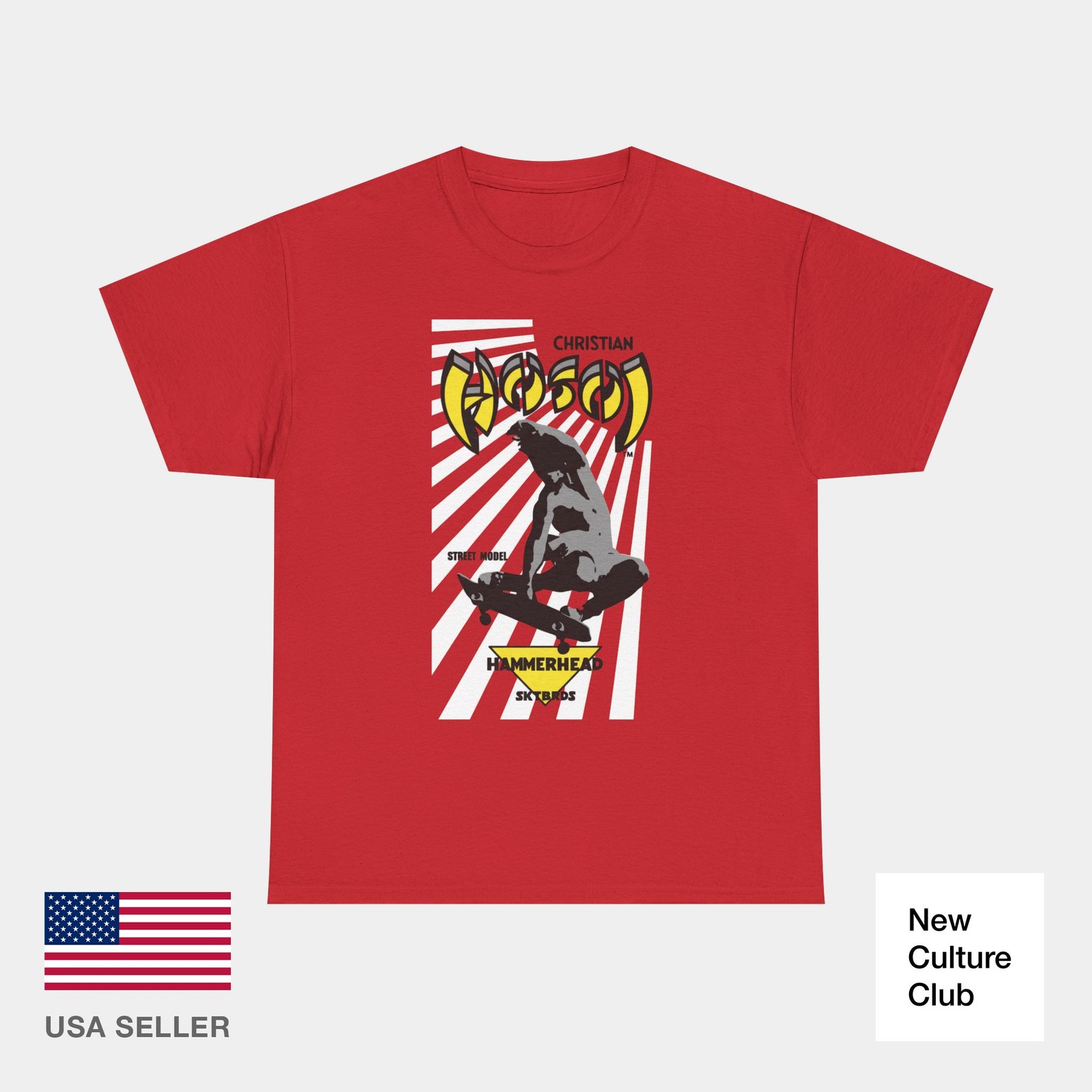 Classic Christian Hosoi Red Hammerhead Skateboards 80s Vert Skate T-Shirt Print