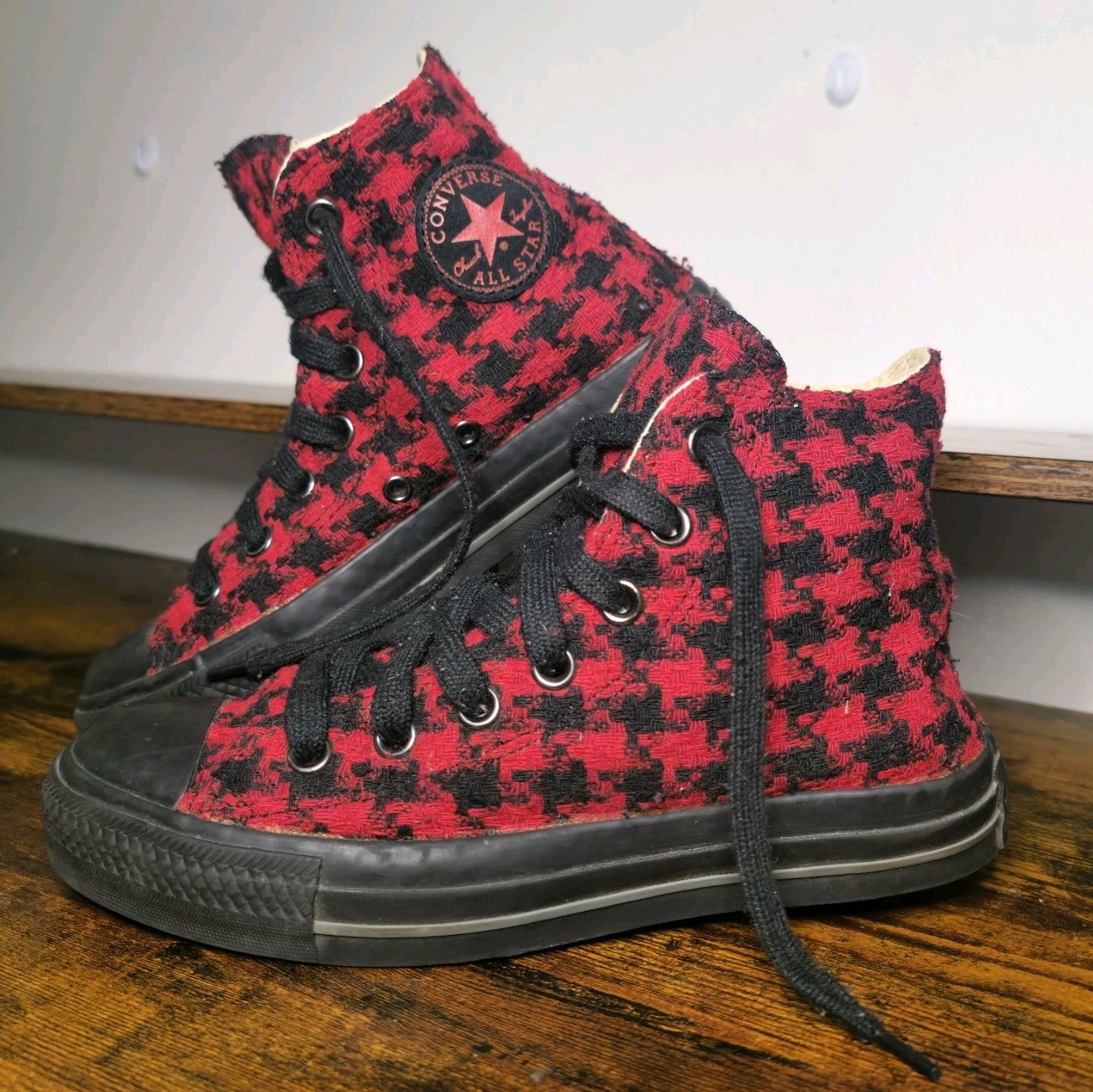 Rare Converse All Star High Top Houndstooth Red Black Woven Fabric Men 4 Women 6
