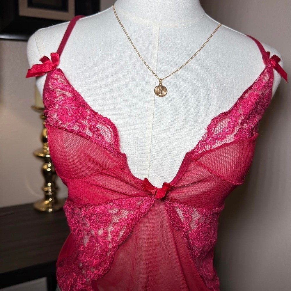 Y2K Hot Pink Sheer Lace Bow Cami Fairycore Coquette Mesh Top