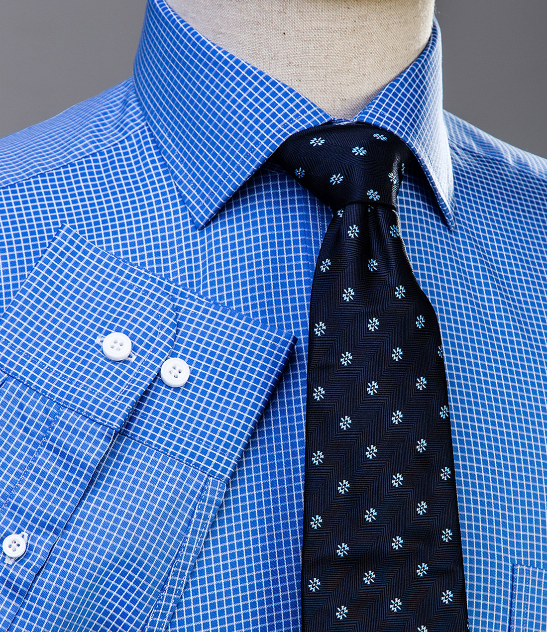 Blue Checkered Dress Shirt Luxury Business Button Cuff Soft Easy Iron Fabric
