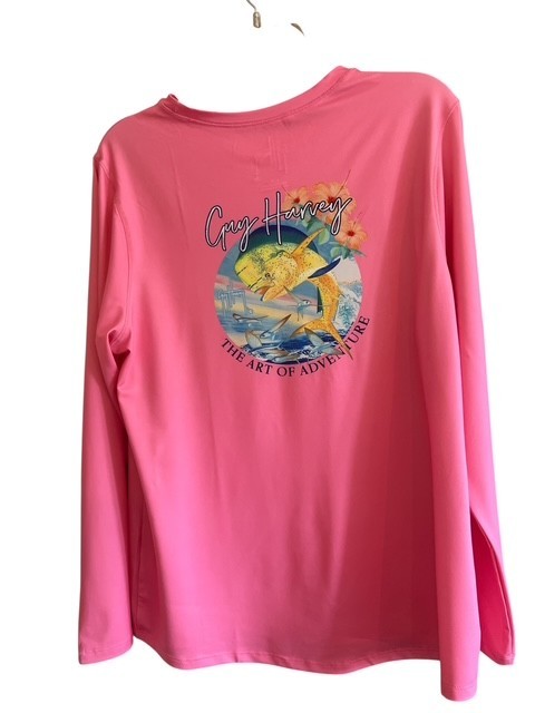 Guy Harvey Pink The Art of Adventure Dolphin Stretch Poly LS Shirt XL