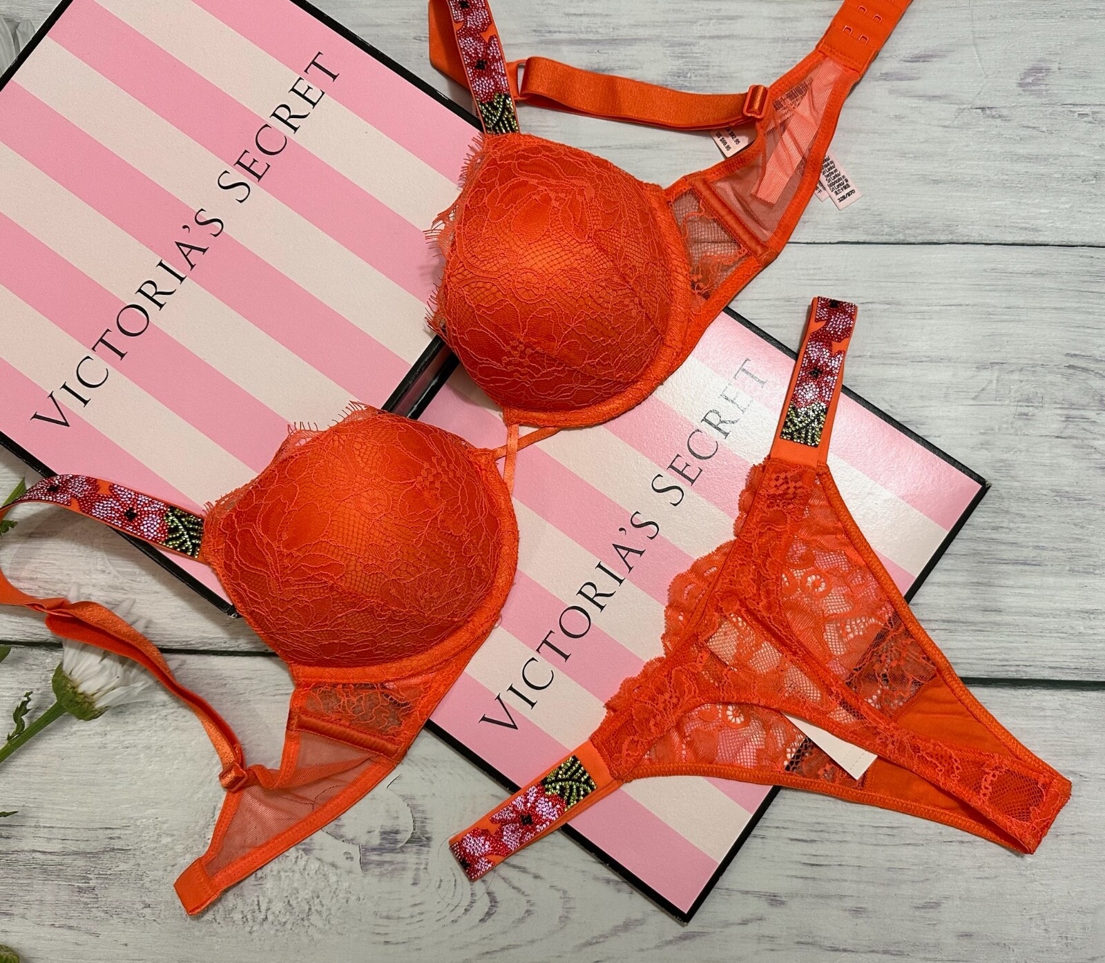Victoria’s Secret Shine Strap Bra Thong Set Bombshell Push Up Orange Hibiscus