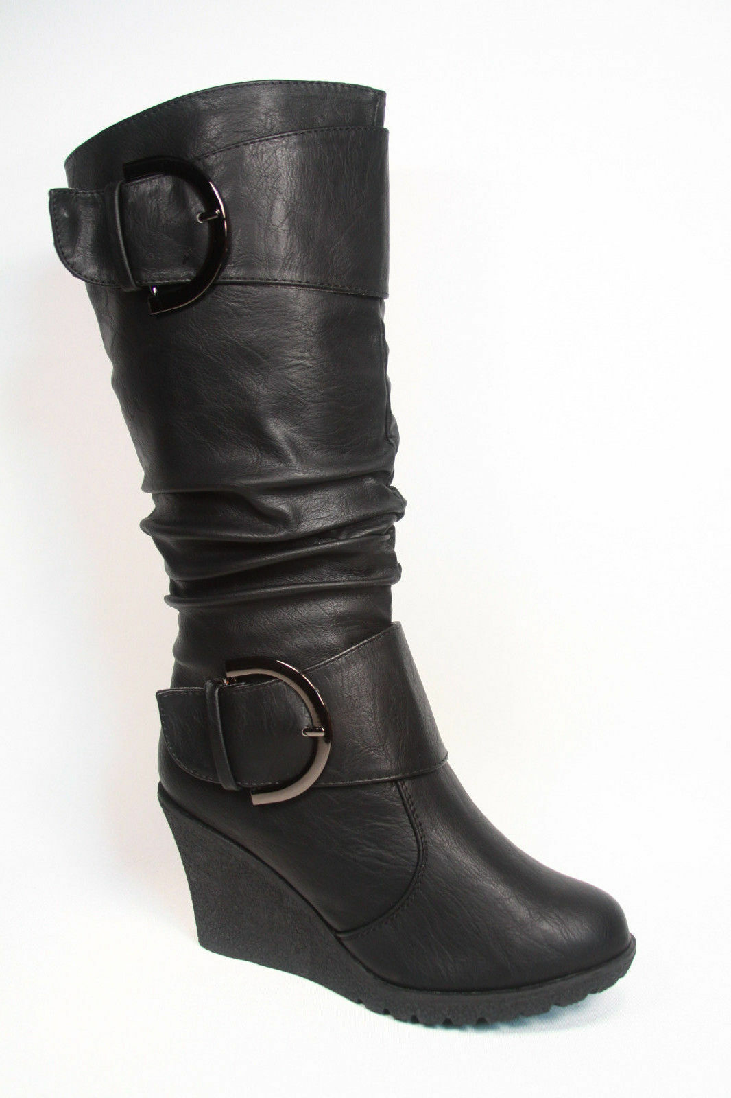 Women’s Cute Round Toe Slouch Buckle Wedge Mid Calf Boot Shoes Size 5 -11 NEW