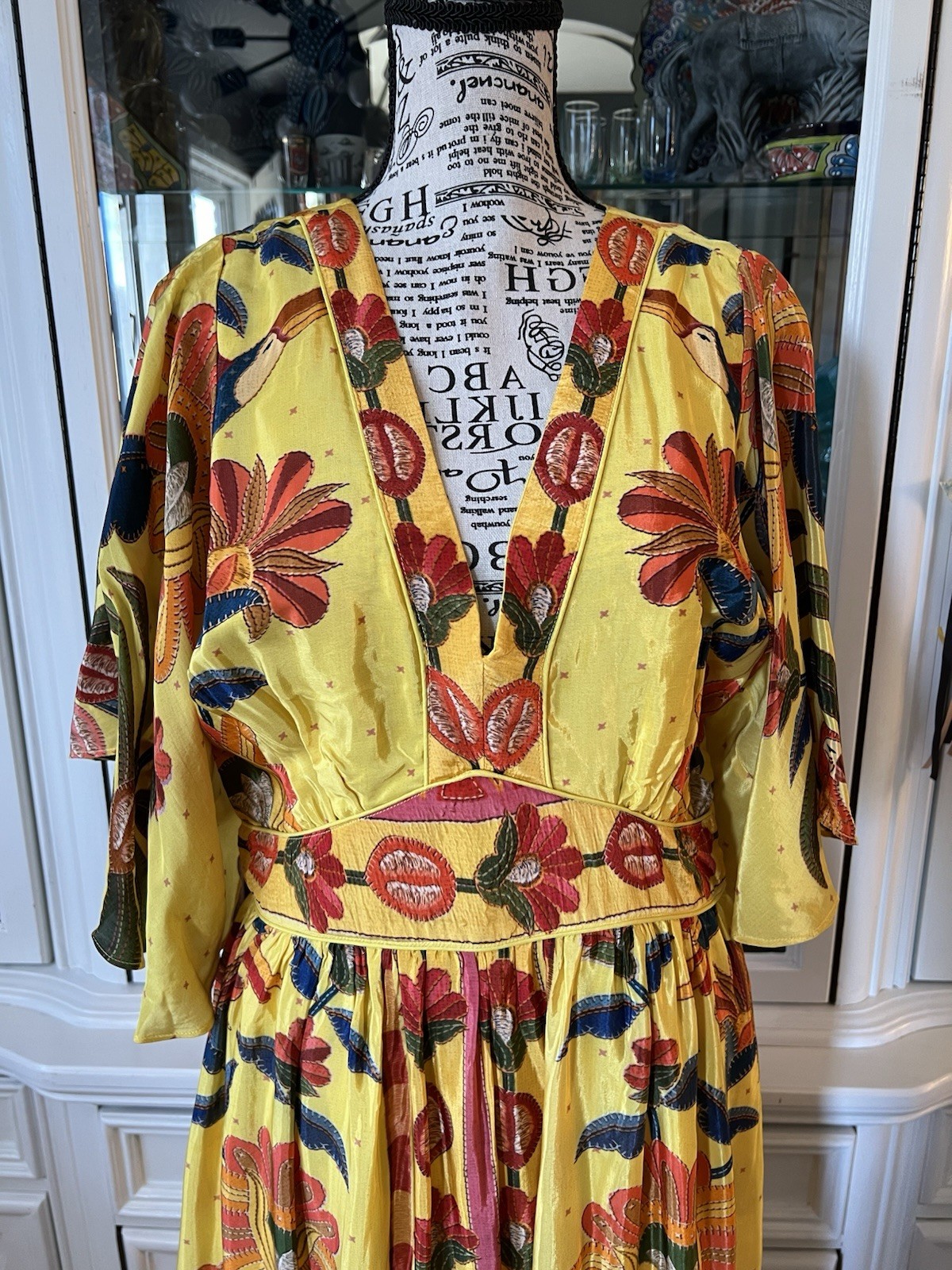 FARM Rio For Anthropologie Yellow Tropical Print Satin Like Fabric Maxi Dress M