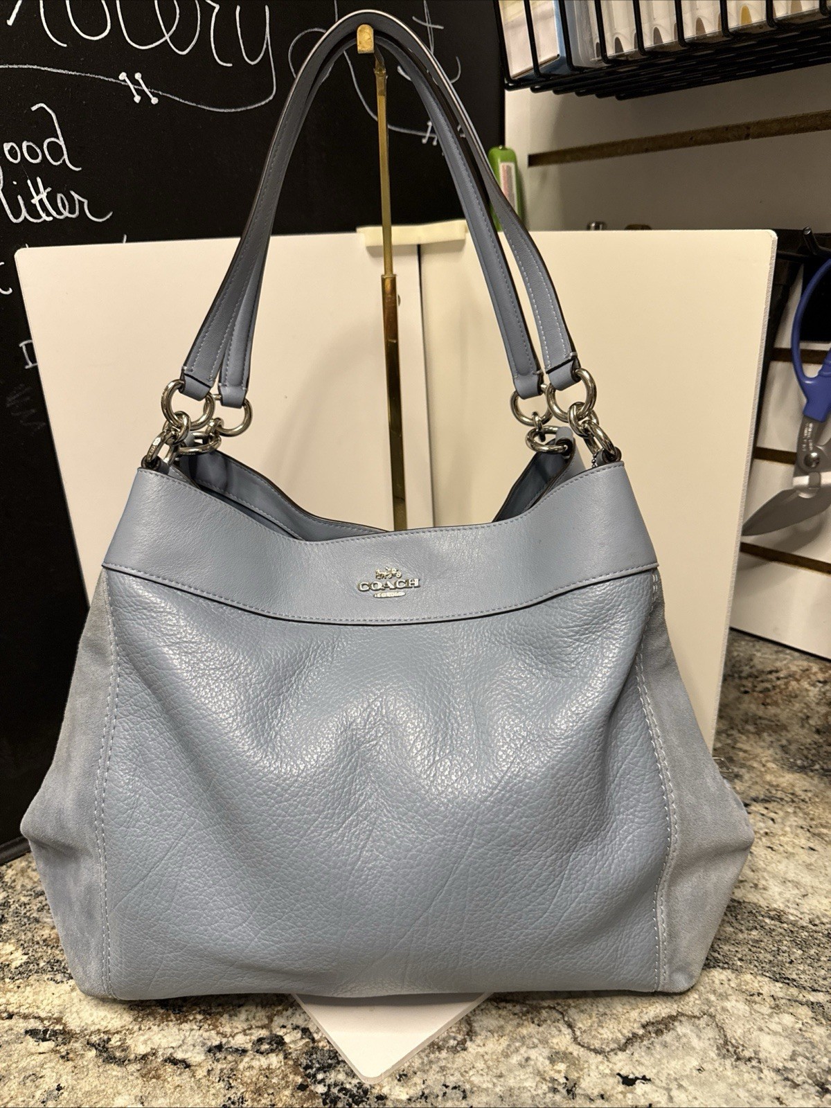 Authentic Coach J1881-F31415 Lexy Cloud Blue/Silver Pebble Leather Shoulder Bag