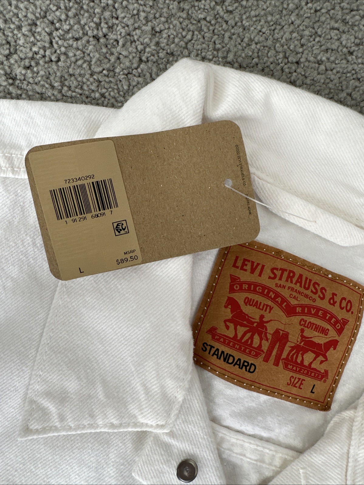 LEVI’S Men’s Large Ivory White Denim Trucker Jacket Inner Pockets