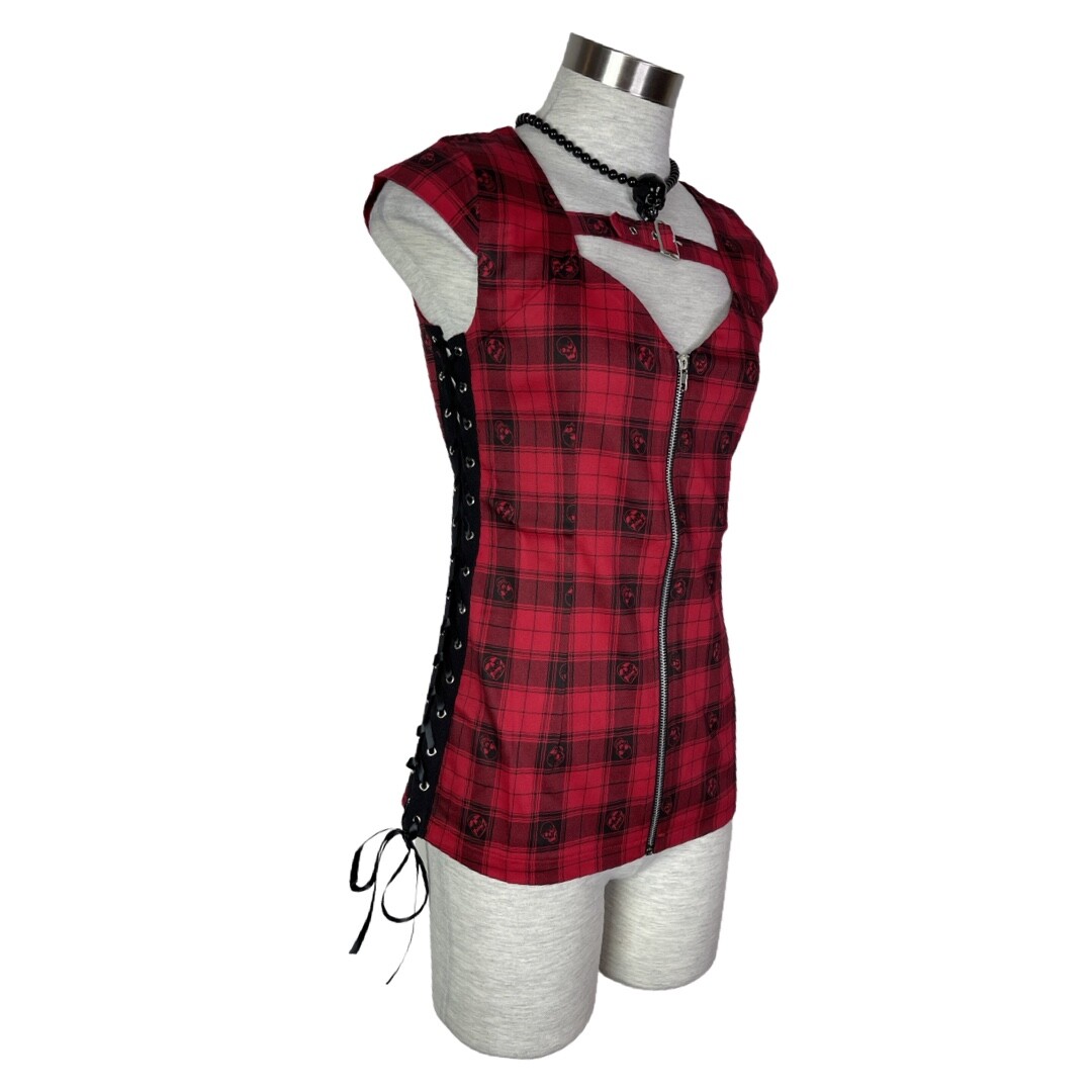 JAWBREAKER PUNK ROCK TATTOO SKULLS RED PLAID ME UP FRONT ZIP TOP SHIRT TPA1743