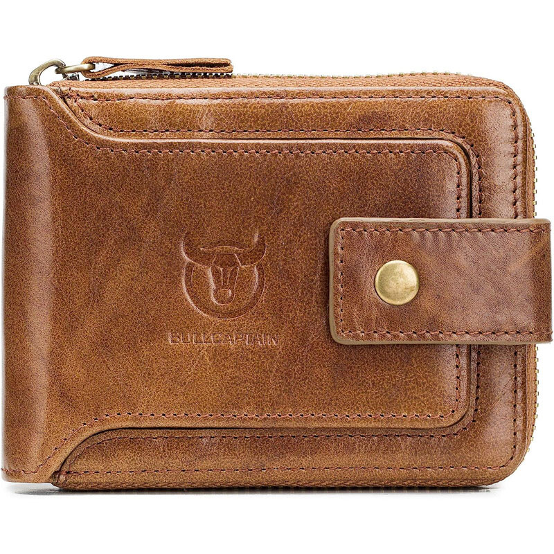 Mens Genuine Leather Zipper Wallet RFID Blocking Bifold Zip Around Card Holder