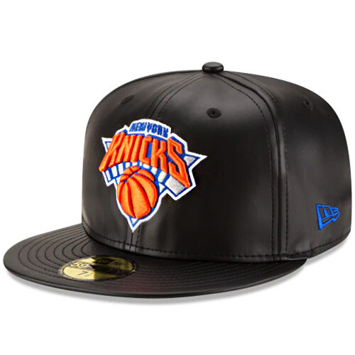New Era New York Knicks P.U Fitted Hat NBA Official Team Black Faux Leather Cap