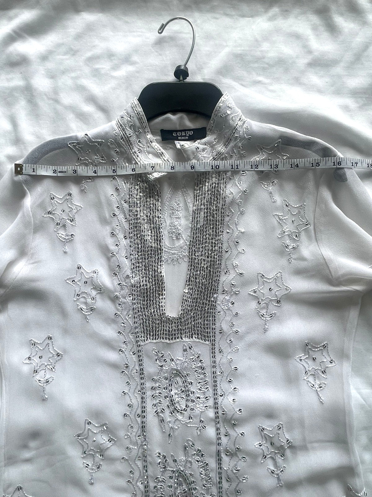 Tokyo Denim Beaded Embroidered Sheer White Floral Silver Sequin Dress M Size