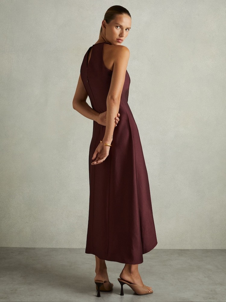 REISS Micah Burgundy Satin Drape Midi Dress in UK Size 14 Wedding Guest Occasion